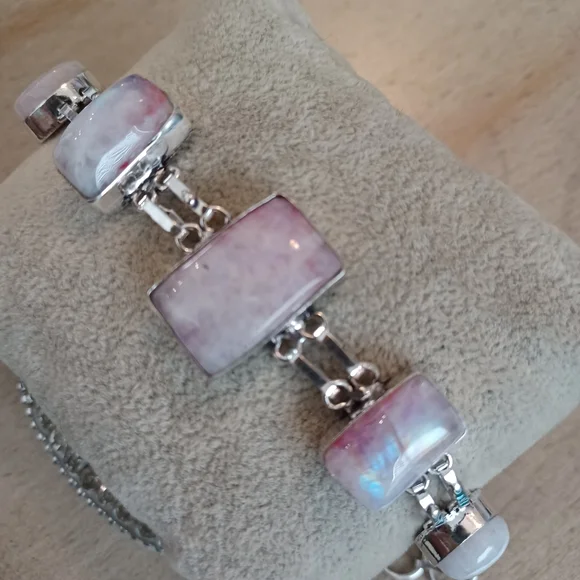 Rainbow Moonstone Silver Link Rectangle Teardrop Adjustable Bracelet - Picture 6 of 12